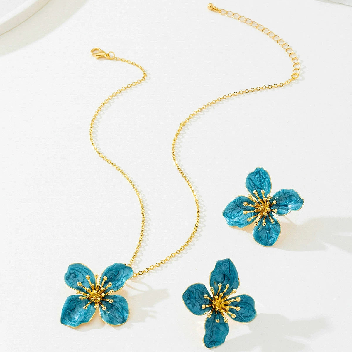 Woman Jewelry Matching Accessories for Women Trendy Blue Enamel Floral Petal Flower Pendant Necklace and Earring Set