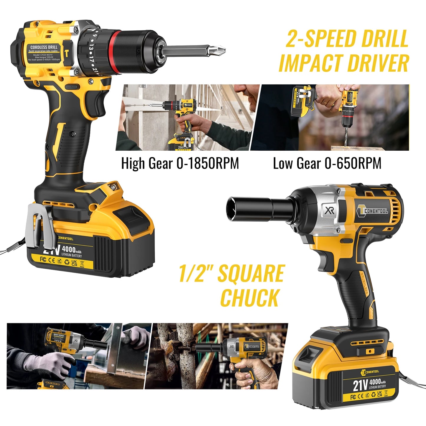 CONENTOOL Electric Impact Wrench Electric Drill Screwdriver Power Tool Combination Brushless Wrench Screwdriver with 2pc Battery