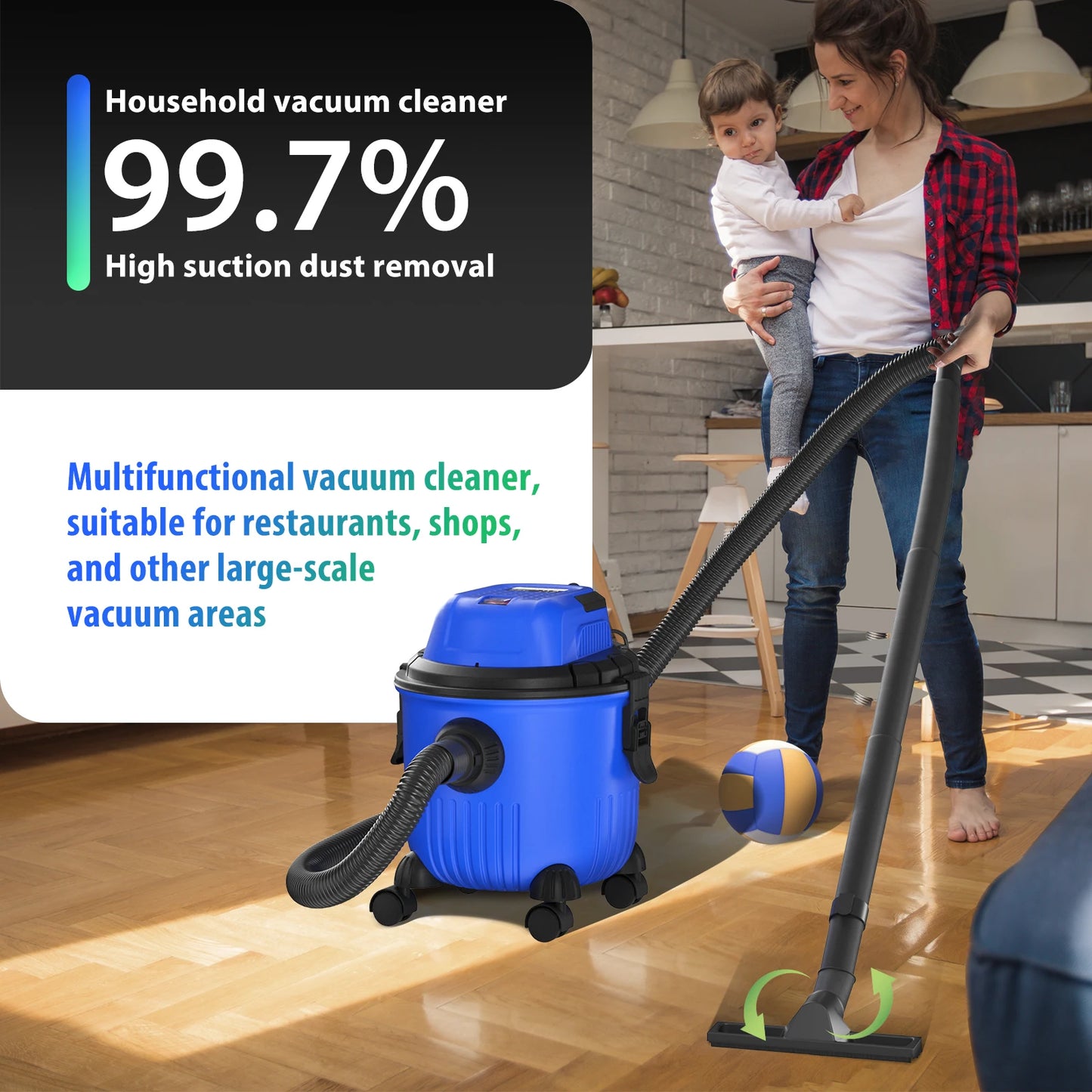 3-in-1 Wet/dry Vacuum Cleaner Industrial Barrel Vacuum Cleaner Multi-Function 16KPA Powerful Suction Bagless 15L Capacity