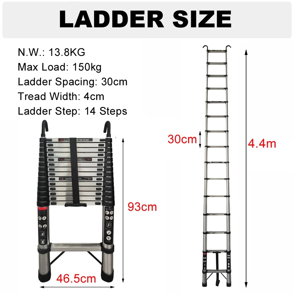 2.6M-5M Extension Ladder Stainless Steel, Sturdy and Stable, Anti-Slip Feet, for Loft Arttic Outdoor, EN131, 150KG Load Capacity