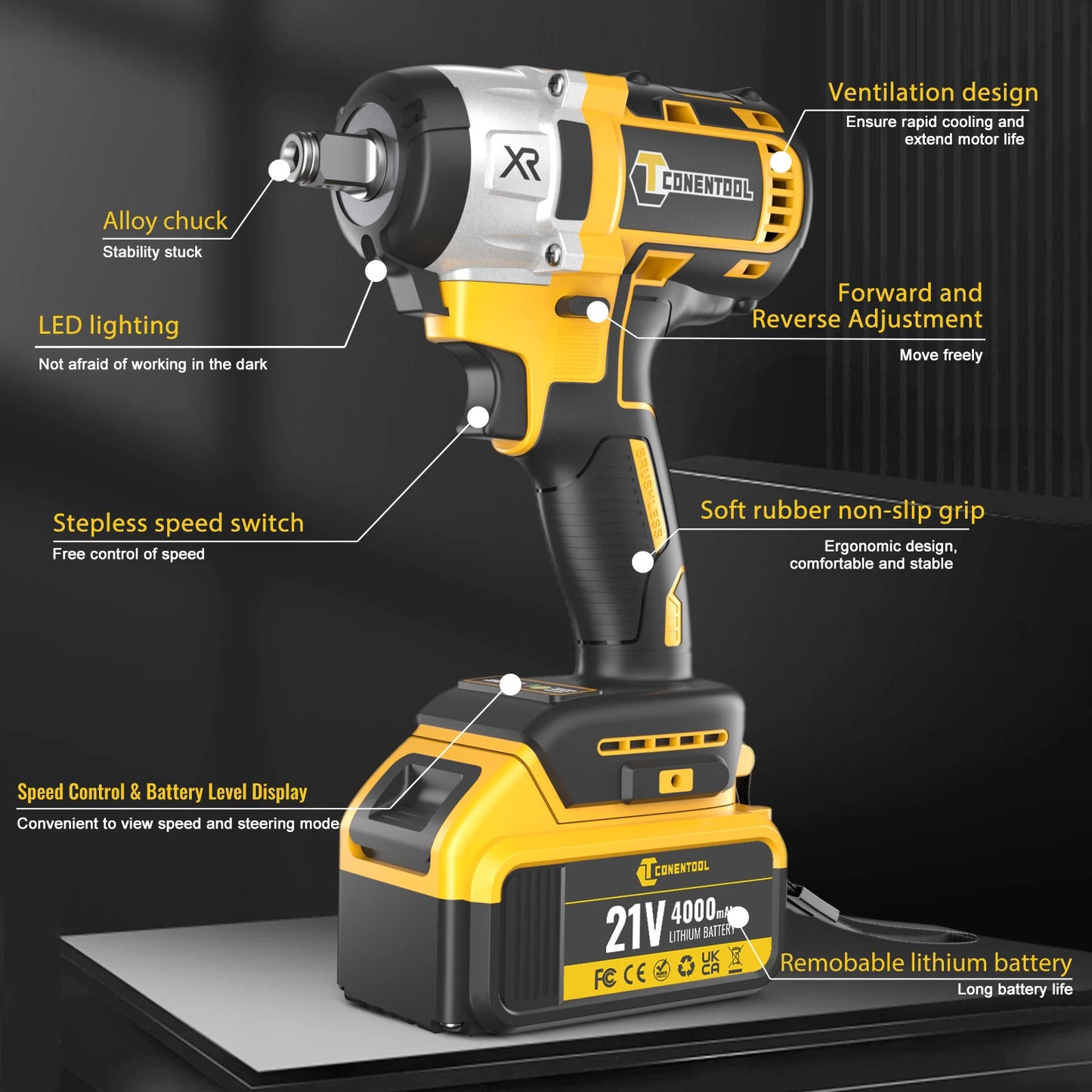 CONENTOOL Electric Impact Wrench Electric Drill Screwdriver Power Tool Combination Brushless Wrench Screwdriver with 2pc Battery