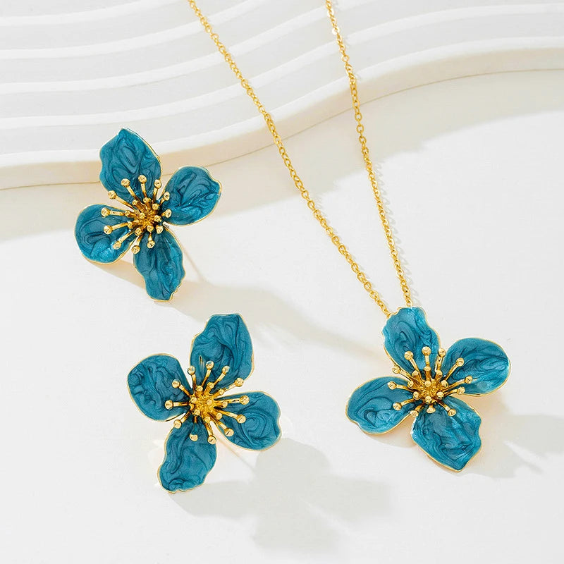 Woman Jewelry Matching Accessories for Women Trendy Blue Enamel Floral Petal Flower Pendant Necklace and Earring Set