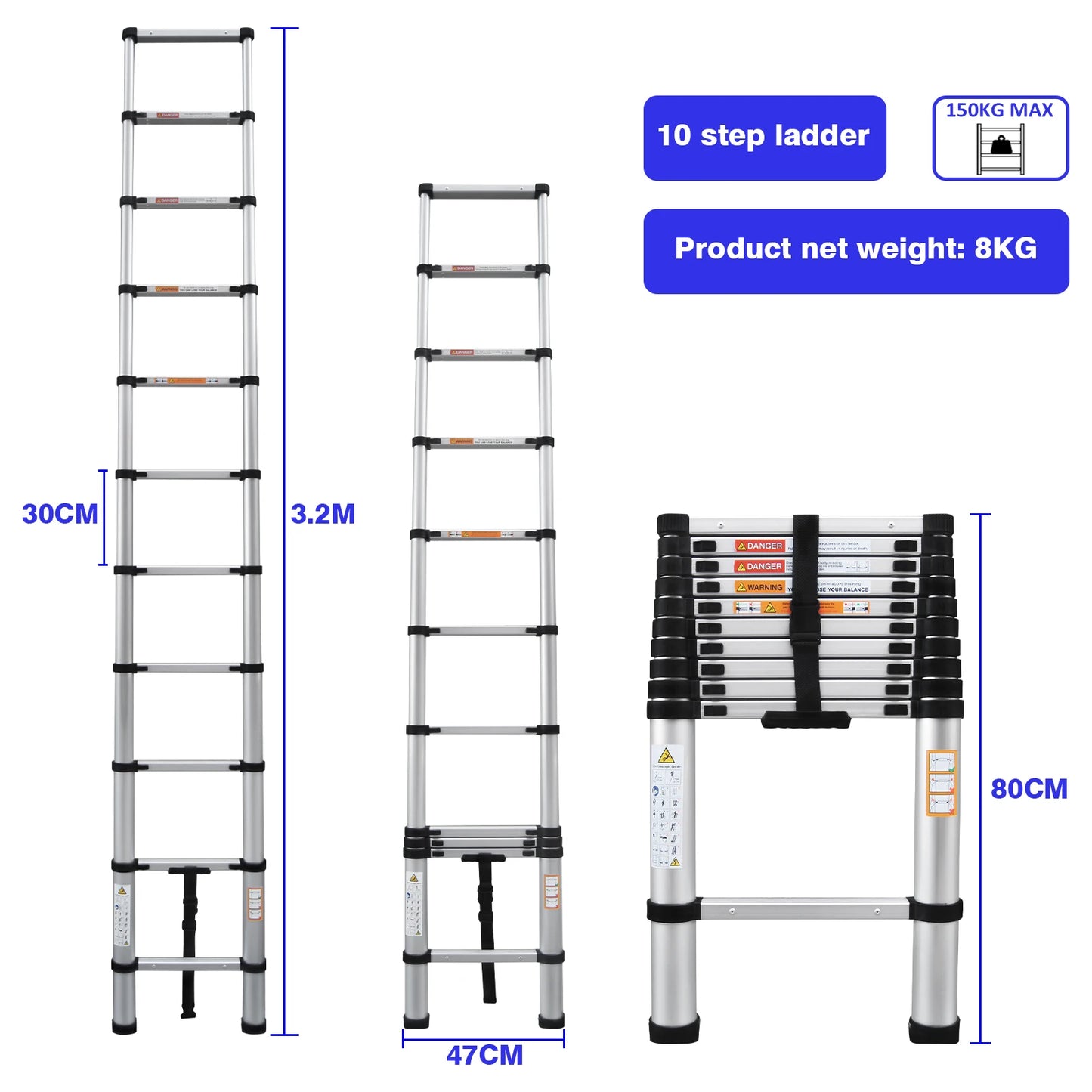 Multi-Size Aluminium Telescopic Ladder with Non-Slip Feet,Adjustable Lightweight Ladder for Home or Caravan, 330lb Load Capacity