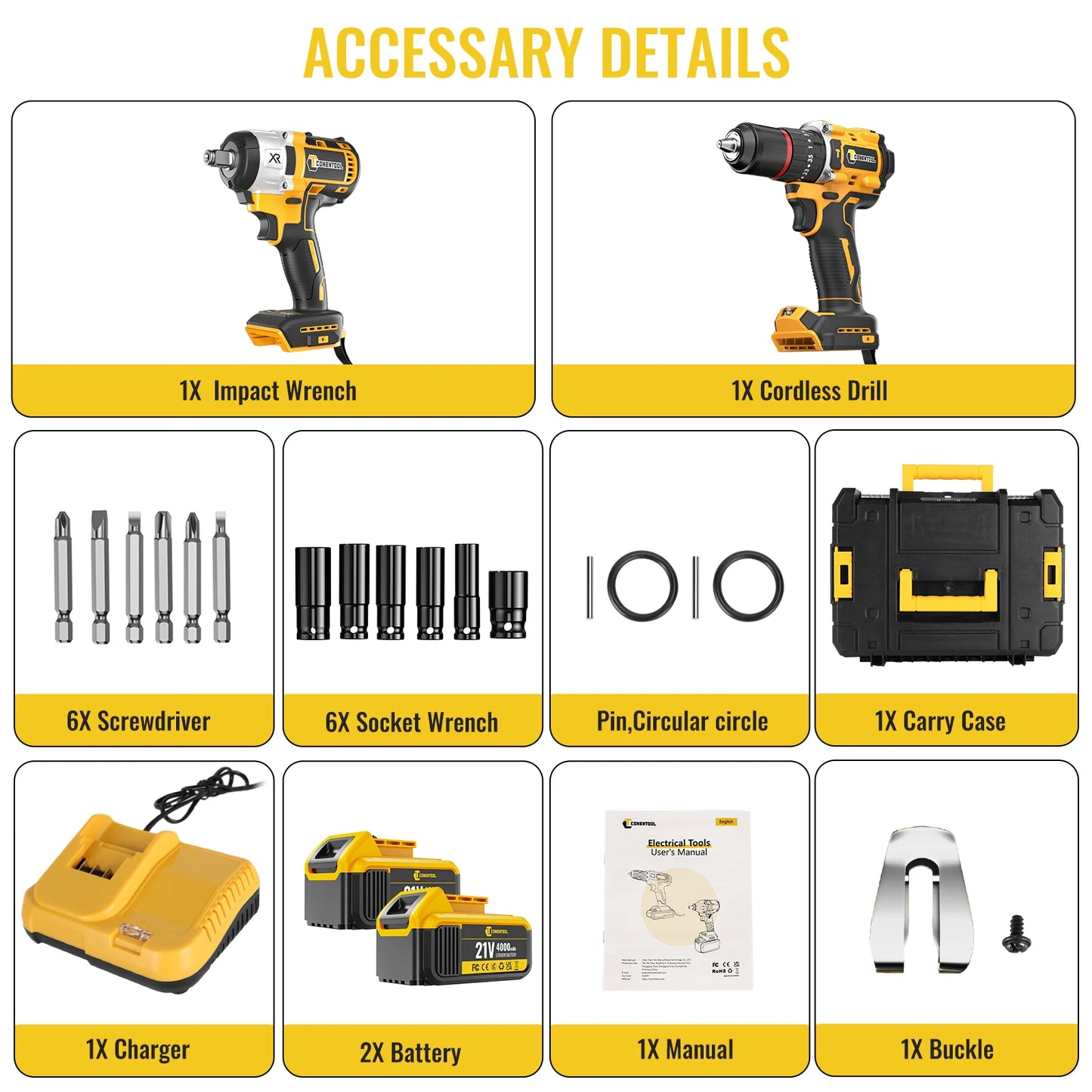 CONENTOOL Electric Impact Wrench Electric Drill Screwdriver Power Tool Combination Brushless Wrench Screwdriver with 2pc Battery