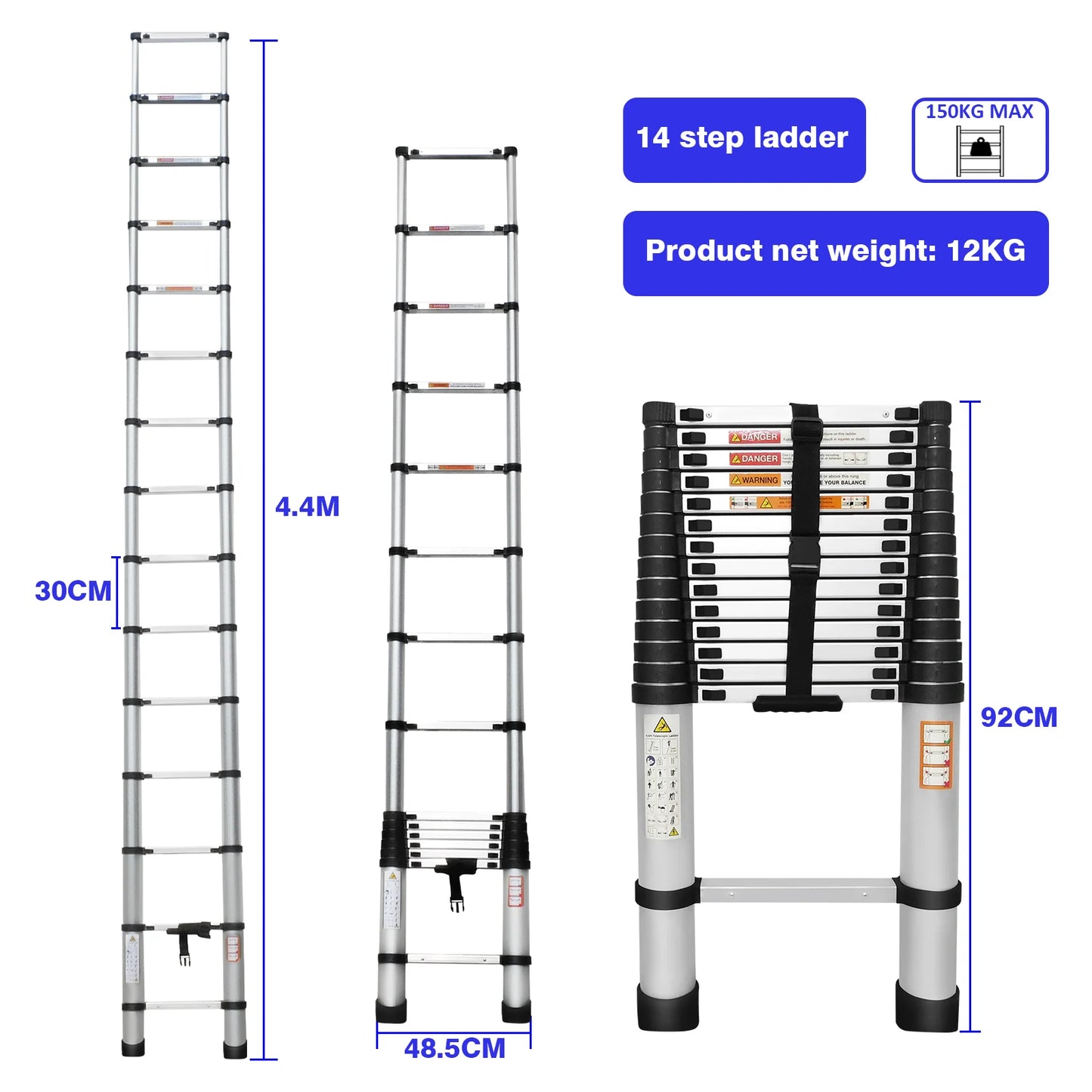 Multi-Size Aluminium Telescopic Ladder with Non-Slip Feet,Adjustable Lightweight Ladder for Home or Caravan, 330lb Load Capacity