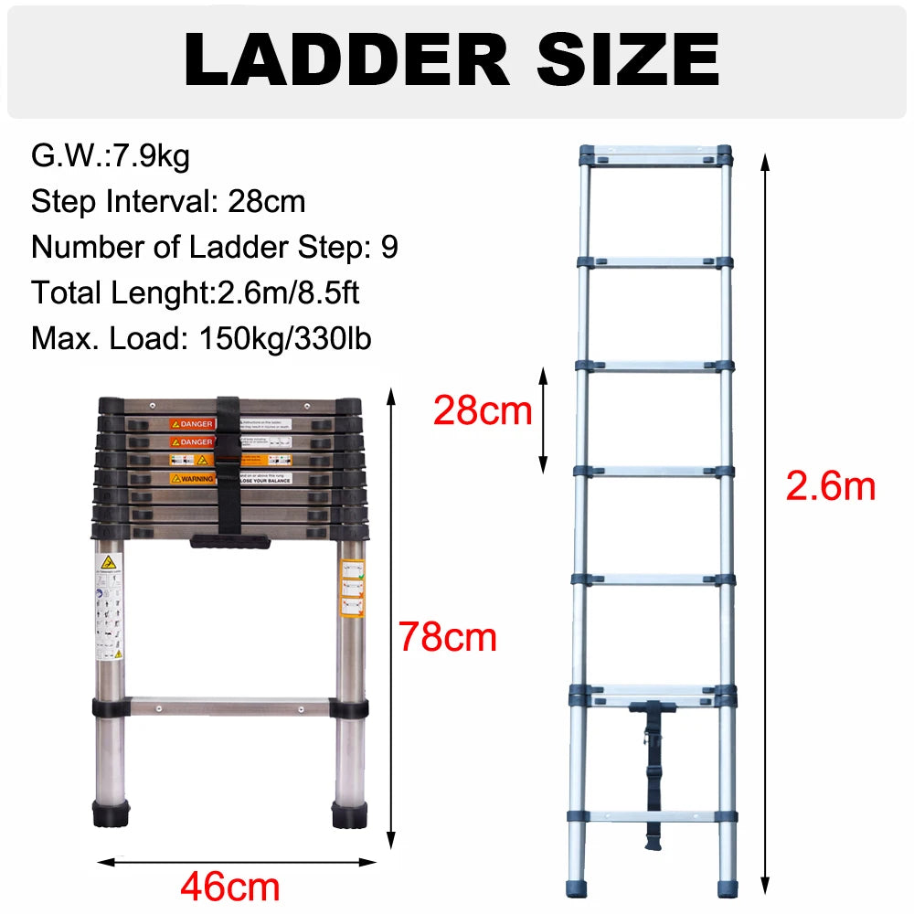 2.6M-5M Extension Ladder Stainless Steel, Sturdy and Stable, Anti-Slip Feet, for Loft Arttic Outdoor, EN131, 150KG Load Capacity