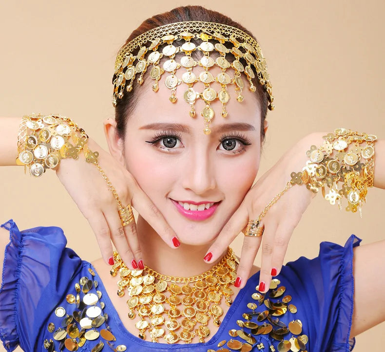 Indian Dance Accessories Necklace Headwear Earrings Bracelet Hair Band Jewelry Set Women's Party Jewelry Gifts