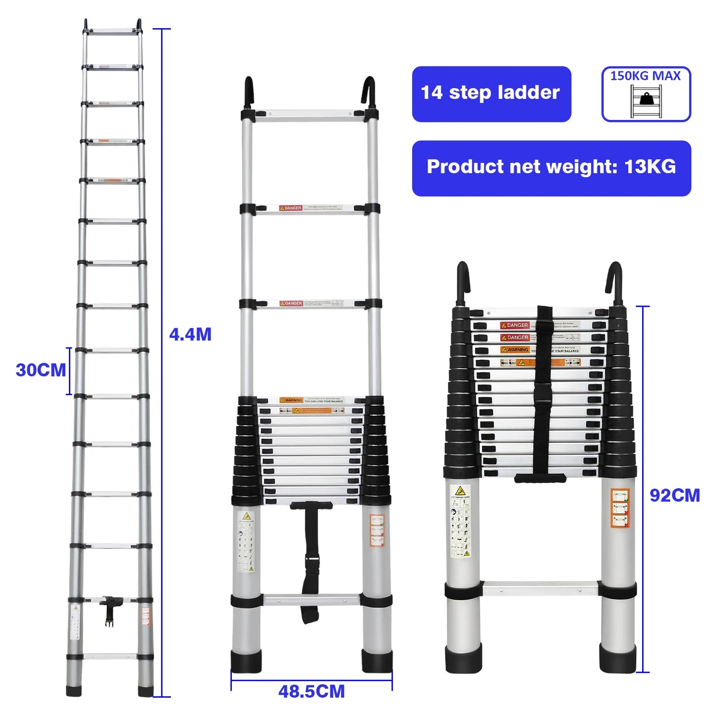 Multi-Size Aluminium Telescopic Ladder with Non-Slip Feet,Adjustable Lightweight Ladder for Home or Caravan, 330lb Load Capacity