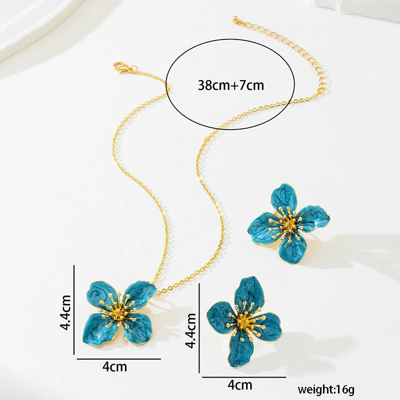 Woman Jewelry Matching Accessories for Women Trendy Blue Enamel Floral Petal Flower Pendant Necklace and Earring Set