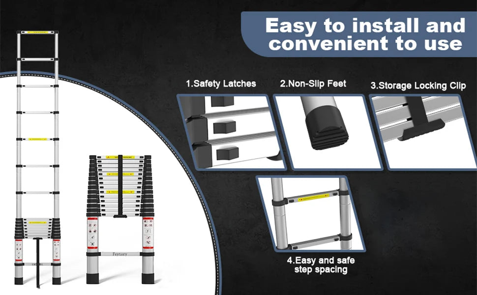 Multi-Size Aluminium Telescopic Ladder with Non-Slip Feet,Adjustable Lightweight Ladder for Home or Caravan, 330lb Load Capacity