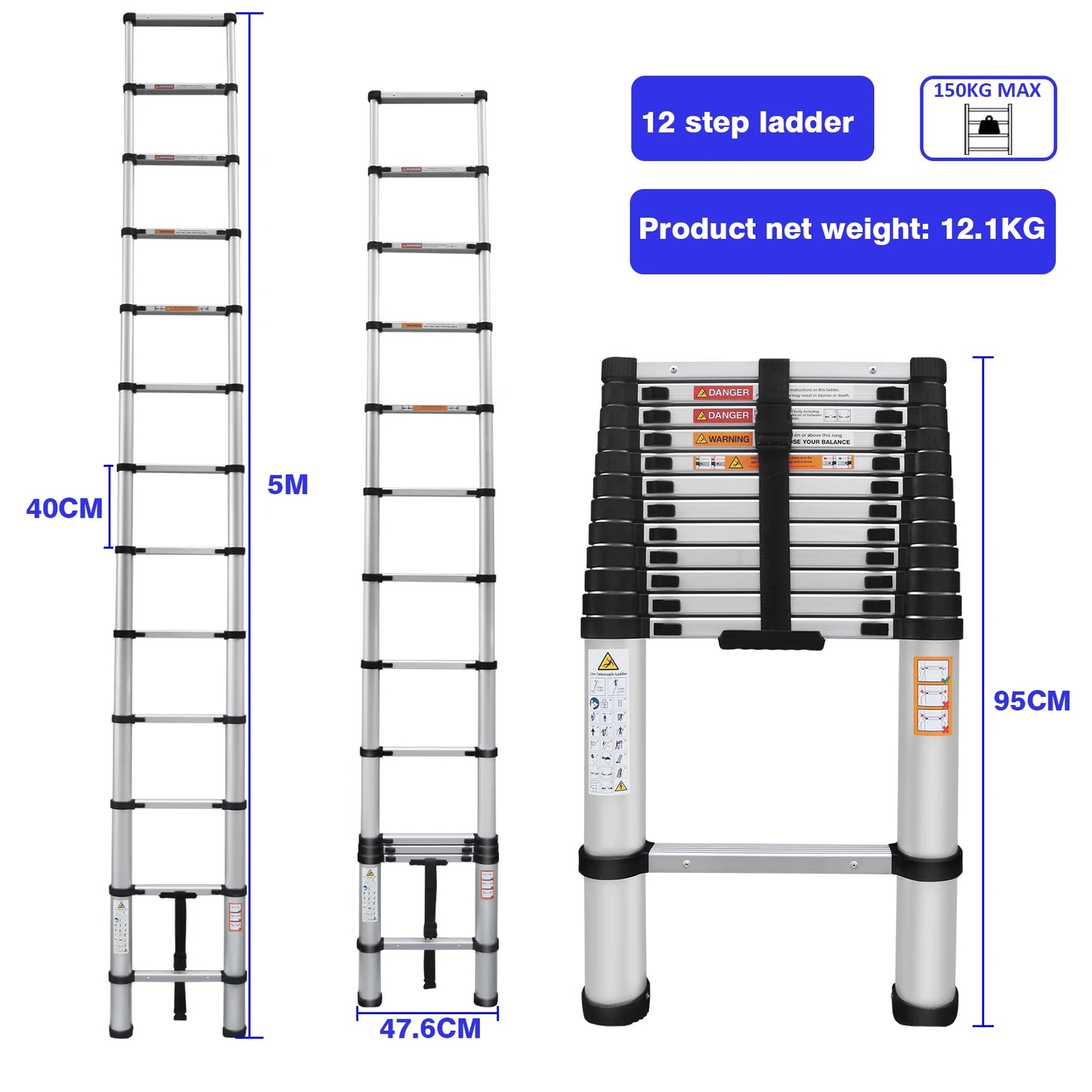 Multi-Size Aluminium Telescopic Ladder with Non-Slip Feet,Adjustable Lightweight Ladder for Home or Caravan, 330lb Load Capacity