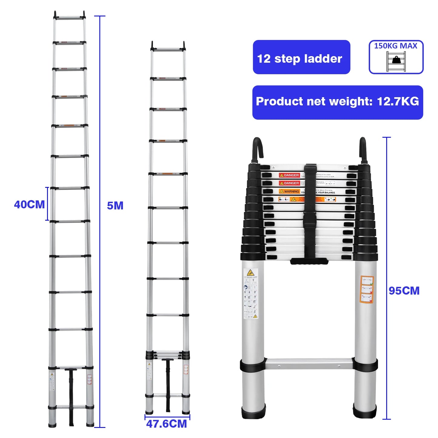 Multi-Size Aluminium Telescopic Ladder with Non-Slip Feet,Adjustable Lightweight Ladder for Home or Caravan, 330lb Load Capacity