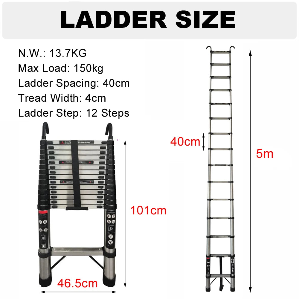 2.6M-5M Extension Ladder Stainless Steel, Sturdy and Stable, Anti-Slip Feet, for Loft Arttic Outdoor, EN131, 150KG Load Capacity