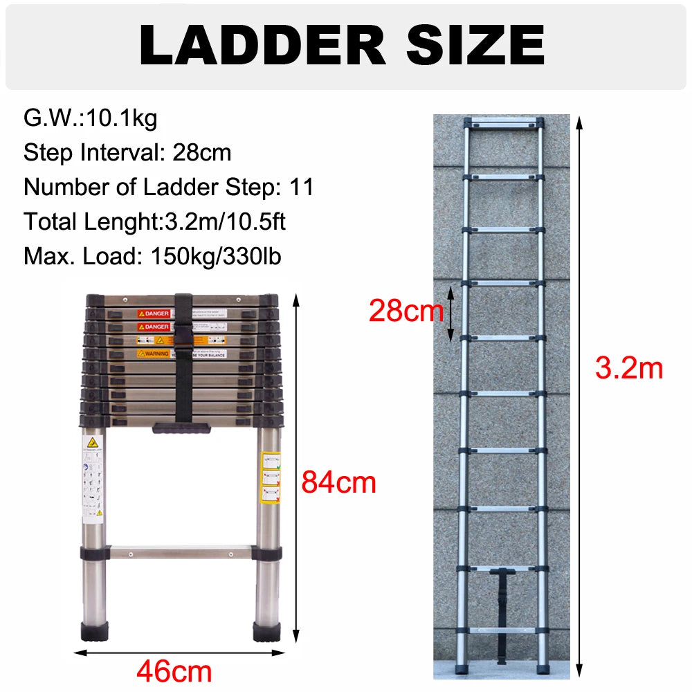 2.6M-5M Extension Ladder Stainless Steel, Sturdy and Stable, Anti-Slip Feet, for Loft Arttic Outdoor, EN131, 150KG Load Capacity
