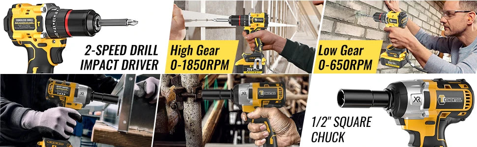 CONENTOOL Electric Impact Wrench Electric Drill Screwdriver Power Tool Combination Brushless Wrench Screwdriver with 2pc Battery