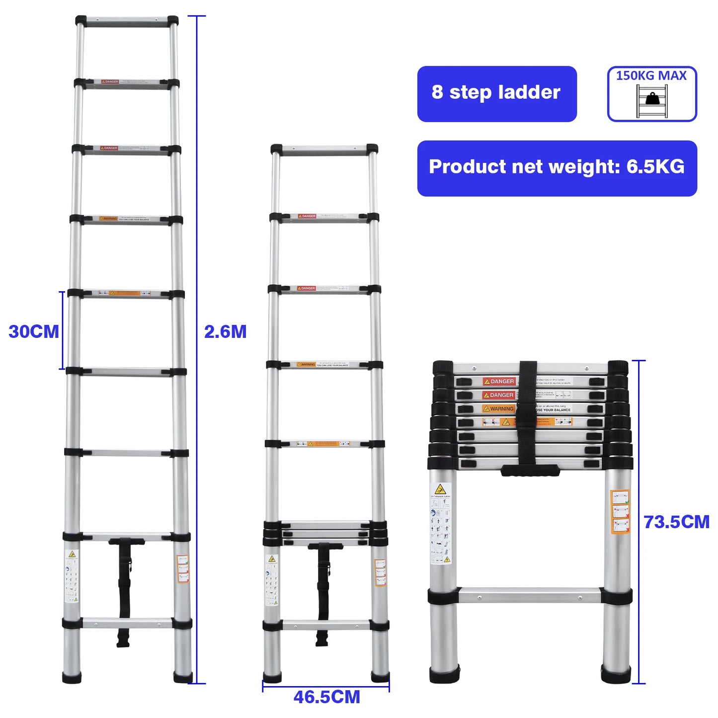 Multi-Size Aluminium Telescopic Ladder with Non-Slip Feet,Adjustable Lightweight Ladder for Home or Caravan, 330lb Load Capacity