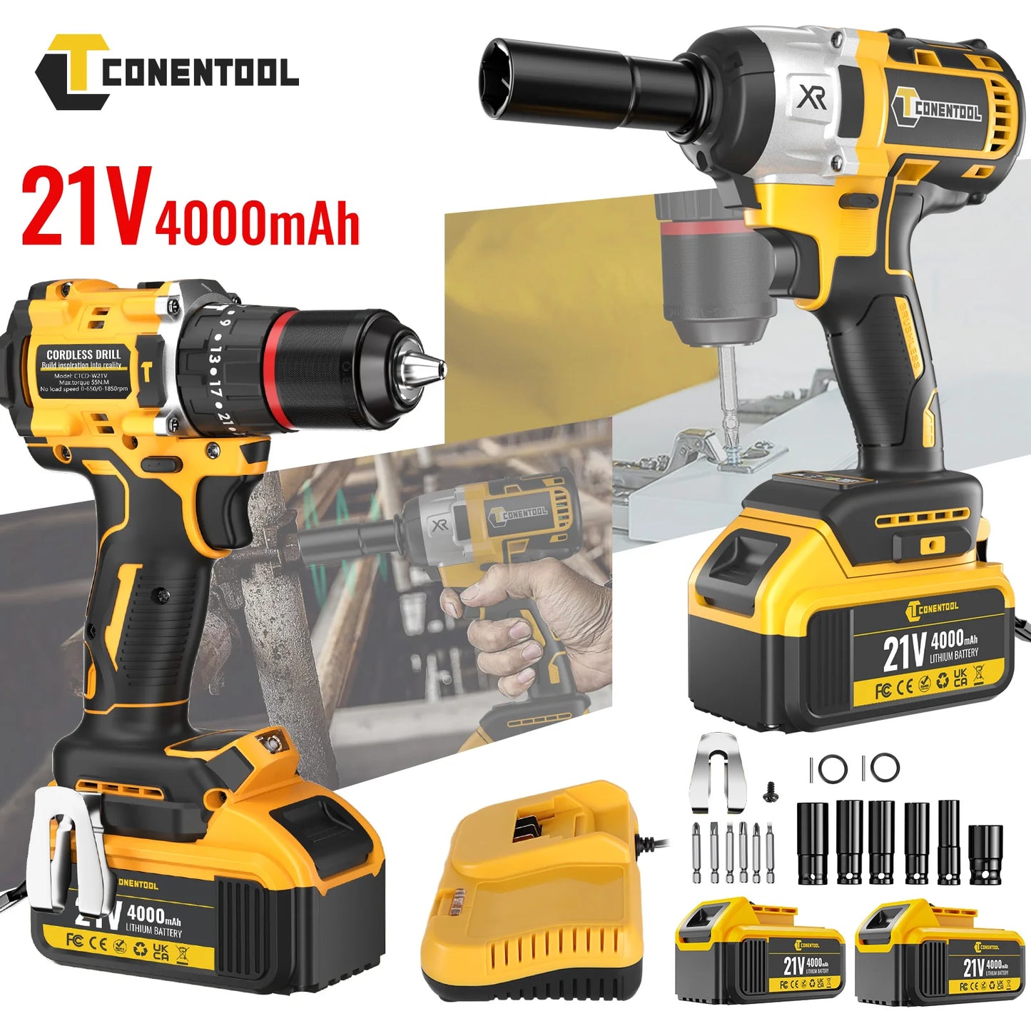 CONENTOOL Electric Impact Wrench Electric Drill Screwdriver Power Tool Combination Brushless Wrench Screwdriver with 2pc Battery