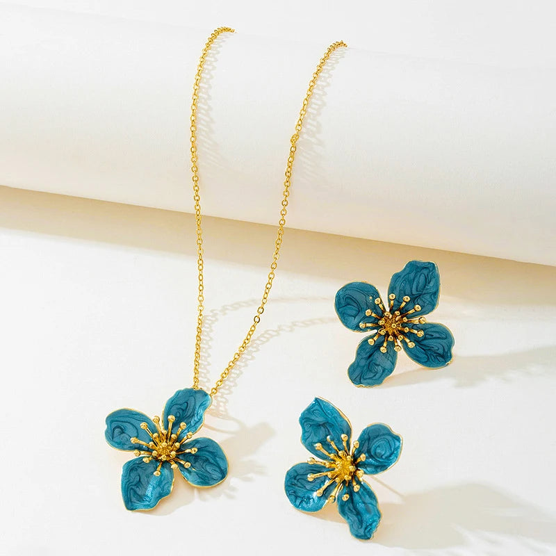 Woman Jewelry Matching Accessories for Women Trendy Blue Enamel Floral Petal Flower Pendant Necklace and Earring Set