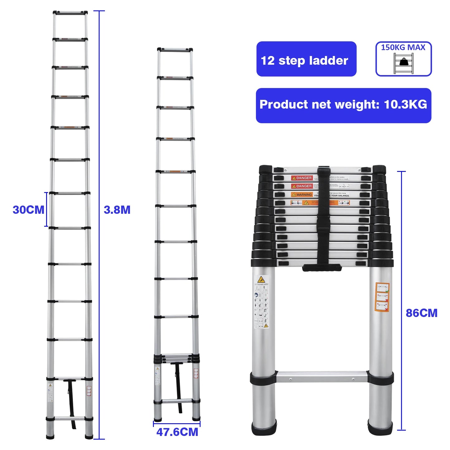 Multi-Size Aluminium Telescopic Ladder with Non-Slip Feet,Adjustable Lightweight Ladder for Home or Caravan, 330lb Load Capacity