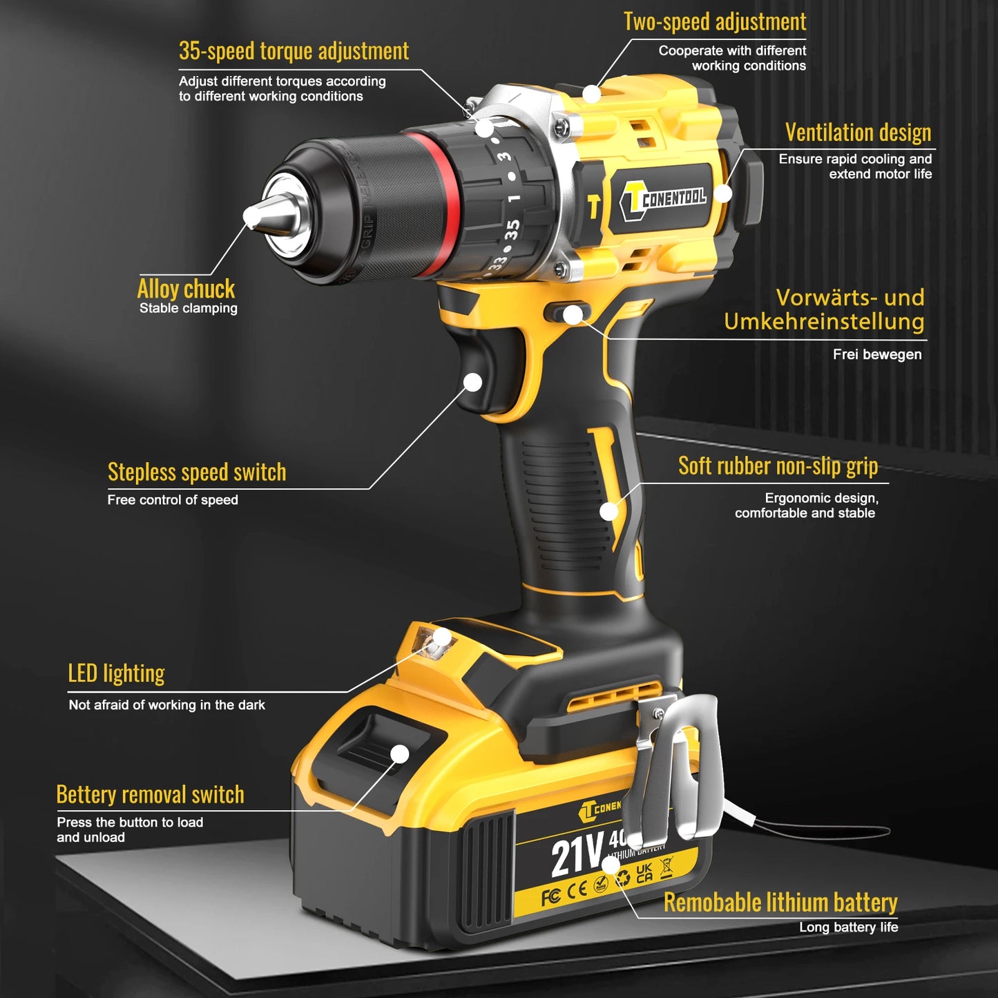 CONENTOOL Electric Impact Wrench Electric Drill Screwdriver Power Tool Combination Brushless Wrench Screwdriver with 2pc Battery