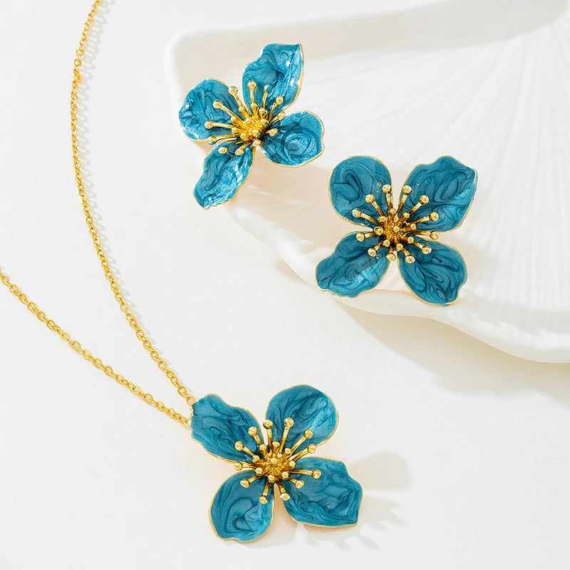 Woman Jewelry Matching Accessories for Women Trendy Blue Enamel Floral Petal Flower Pendant Necklace and Earring Set