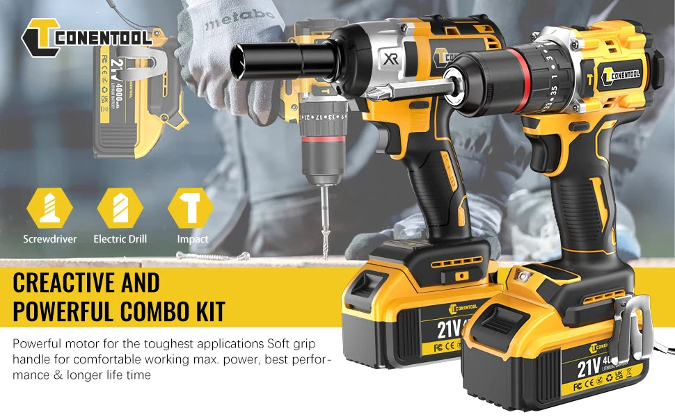 CONENTOOL Electric Impact Wrench Electric Drill Screwdriver Power Tool Combination Brushless Wrench Screwdriver with 2pc Battery
