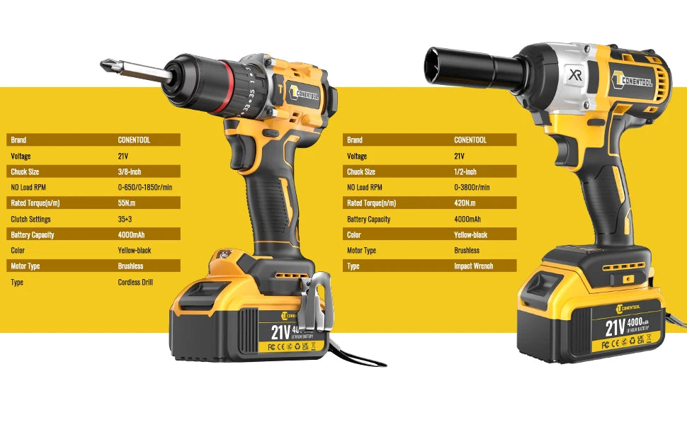 CONENTOOL Electric Impact Wrench Electric Drill Screwdriver Power Tool Combination Brushless Wrench Screwdriver with 2pc Battery