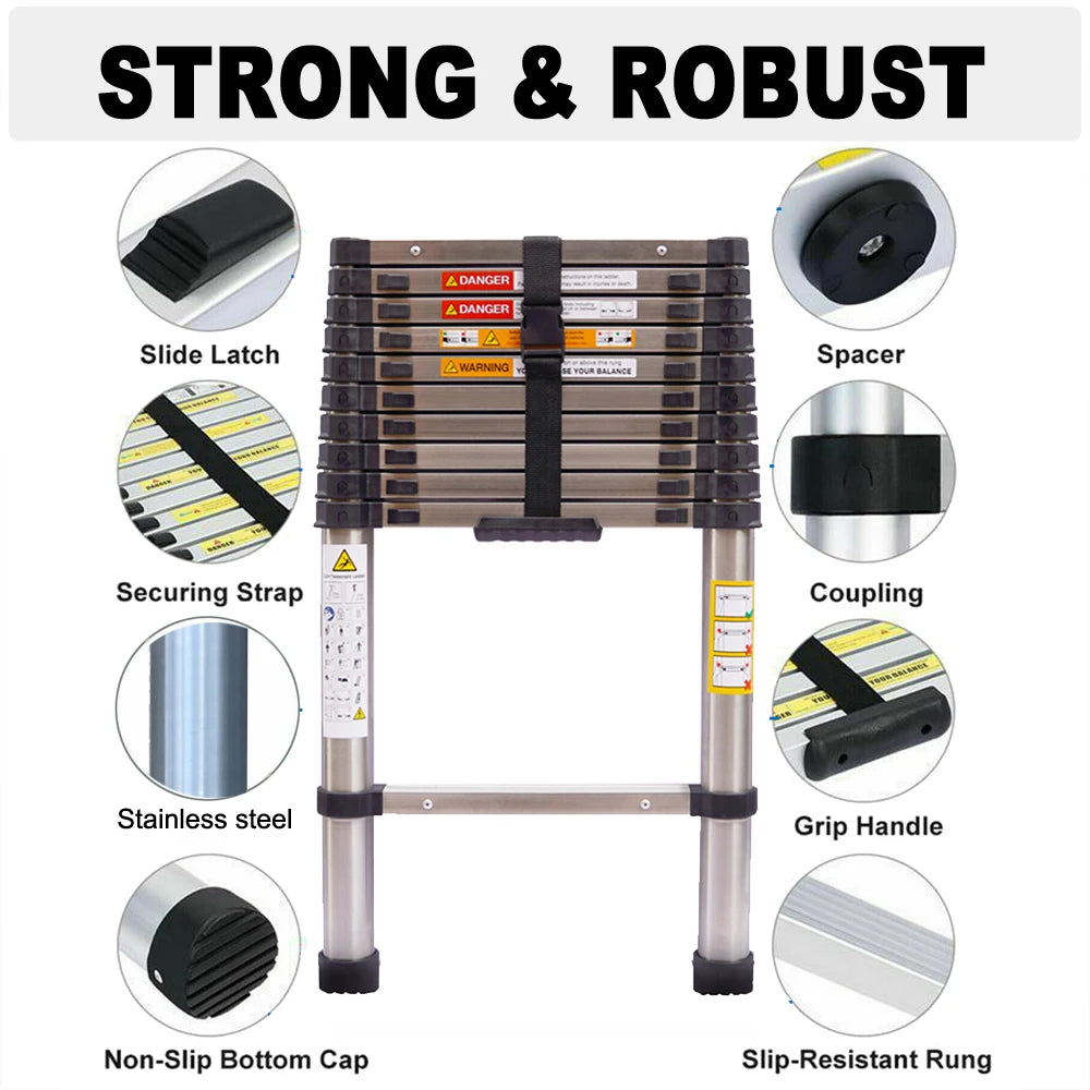 2.6M-5M Extension Ladder Stainless Steel, Sturdy and Stable, Anti-Slip Feet, for Loft Arttic Outdoor, EN131, 150KG Load Capacity
