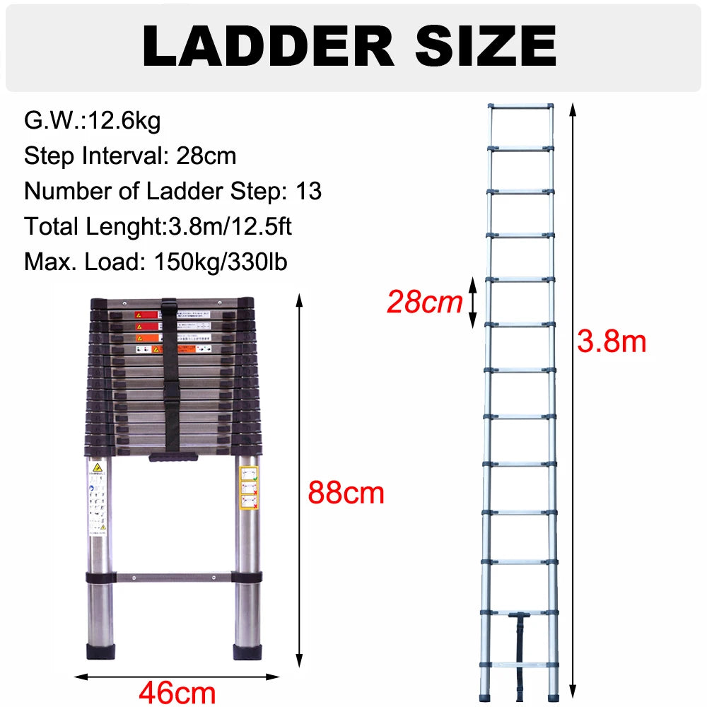 2.6M-5M Extension Ladder Stainless Steel, Sturdy and Stable, Anti-Slip Feet, for Loft Arttic Outdoor, EN131, 150KG Load Capacity