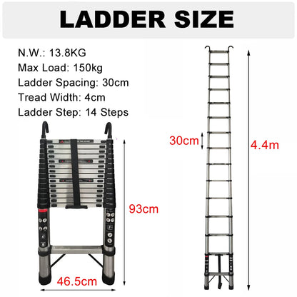 2.6M-5M Extension Ladder Stainless Steel, Sturdy and Stable, Anti-Slip Feet, for Loft Arttic Outdoor, EN131, 150KG Load Capacity