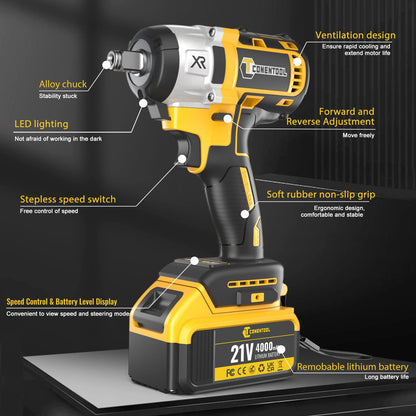 CONENTOOL Electric Impact Wrench Electric Drill Screwdriver Power Tool Combination Brushless Wrench Screwdriver with 2pc Battery