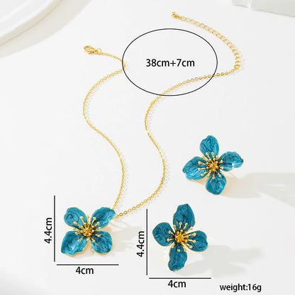 Woman Jewelry Matching Accessories for Women Trendy Blue Enamel Floral Petal Flower Pendant Necklace and Earring Set