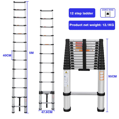 Multi-Size Aluminium Telescopic Ladder with Non-Slip Feet,Adjustable Lightweight Ladder for Home or Caravan, 330lb Load Capacity