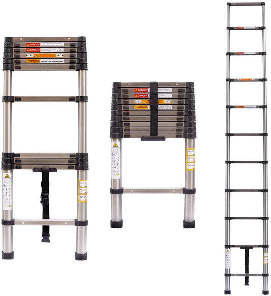2.6M-5M Extension Ladder Stainless Steel, Sturdy and Stable, Anti-Slip Feet, for Loft Arttic Outdoor, EN131, 150KG Load Capacity