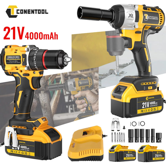 CONENTOOL Electric Impact Wrench Electric Drill Screwdriver Power Tool Combination Brushless Wrench Screwdriver with 2pc Battery