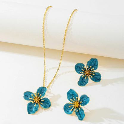 Woman Jewelry Matching Accessories for Women Trendy Blue Enamel Floral Petal Flower Pendant Necklace and Earring Set