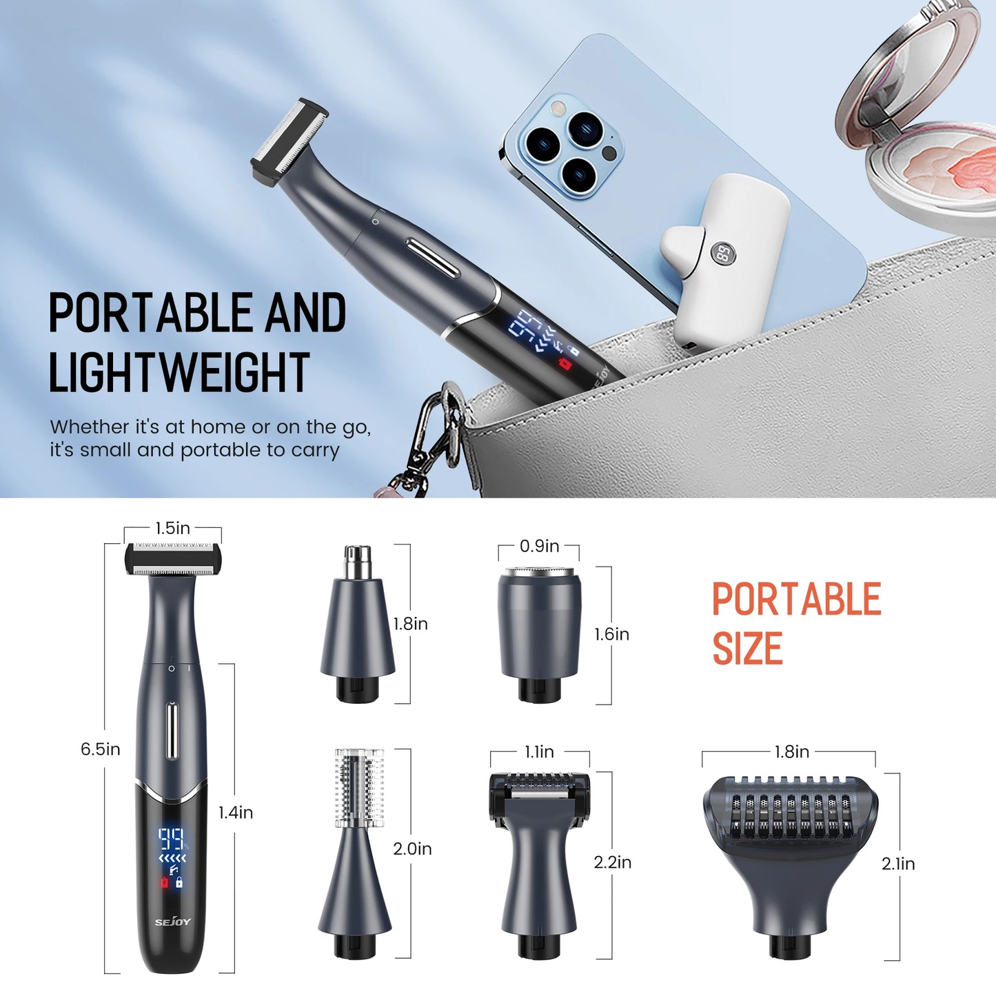 Sejoy 6 In 1 Body Hair Trimmer Kit Electric Beard Shaver Men&Women Nose Hair Trimmer Eyebrow Razor Portable Body Shaver IPX5