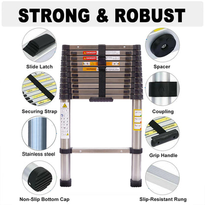 2.6M-5M Extension Ladder Stainless Steel, Sturdy and Stable, Anti-Slip Feet, for Loft Arttic Outdoor, EN131, 150KG Load Capacity